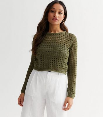 Petite Khaki Open Knit Boxy Jumper