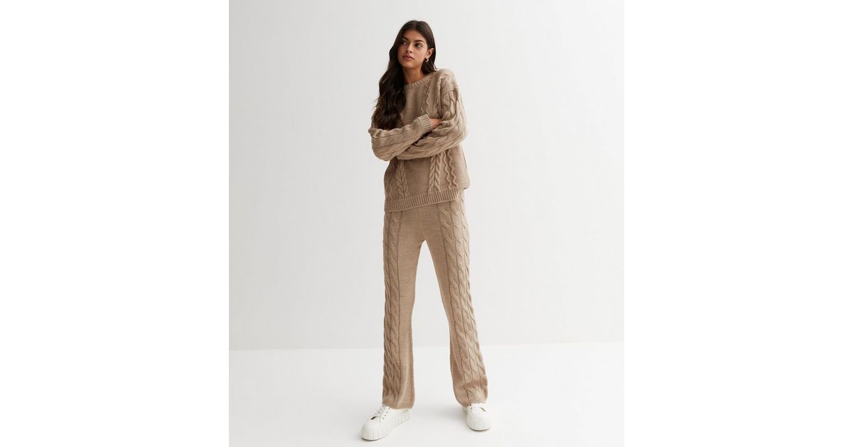 Camel Cable Knit High Waist Trousers New Look