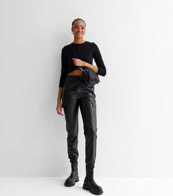Tall Black Leather-Look Tie Waist Cargo Joggers