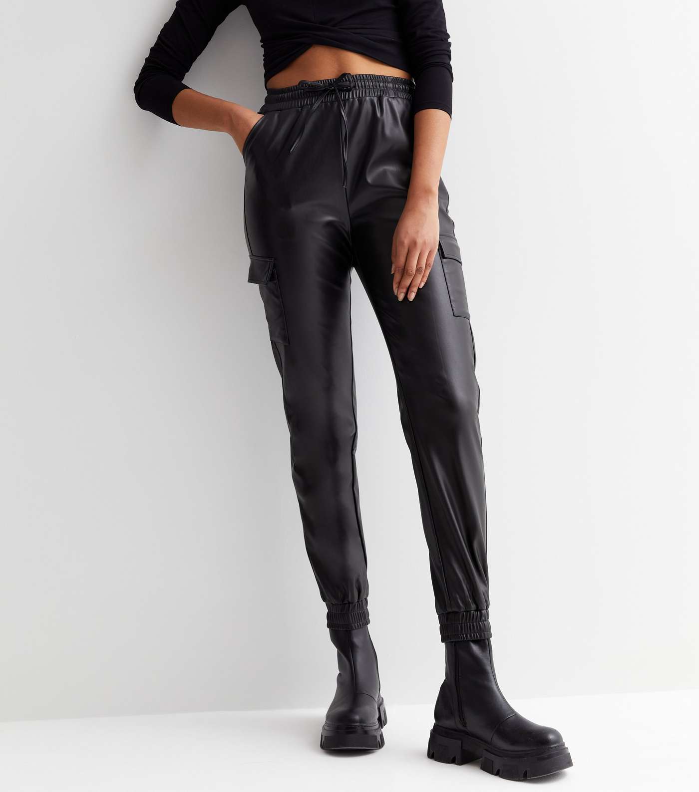 Tall Black Leather-Look Cuffed Cargo Joggers Image 2