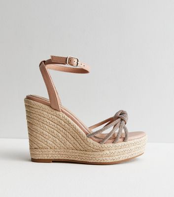 Little Mistress Cream Leather-Look Diamanté Knot Wedge Heel Sandals