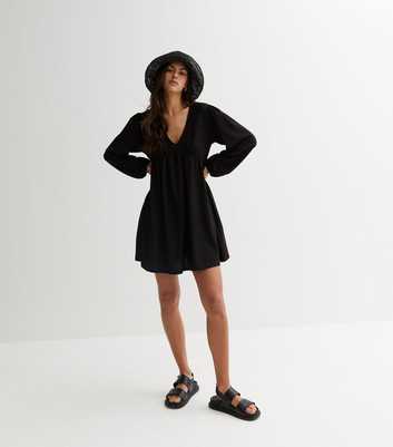 Black Crinkle Jersey V Neck Long Sleeve Mini Dress