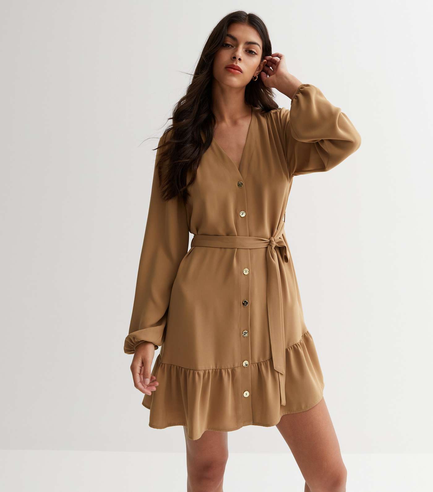 Camel Long Sleeve Belted Tiered Mini Smock Dress