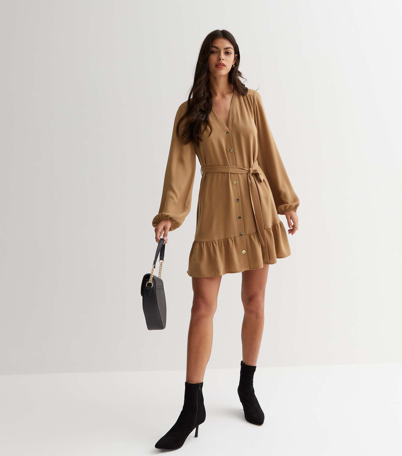 Camel Long Sleeve Belted Tiered Mini Smock Dress Image 3