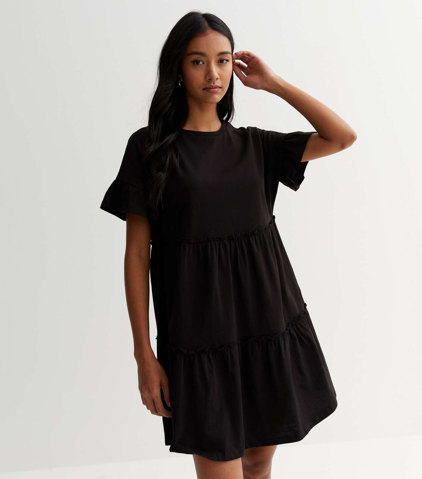 Black Jersey Tiered Mini Smock Dress Image 2