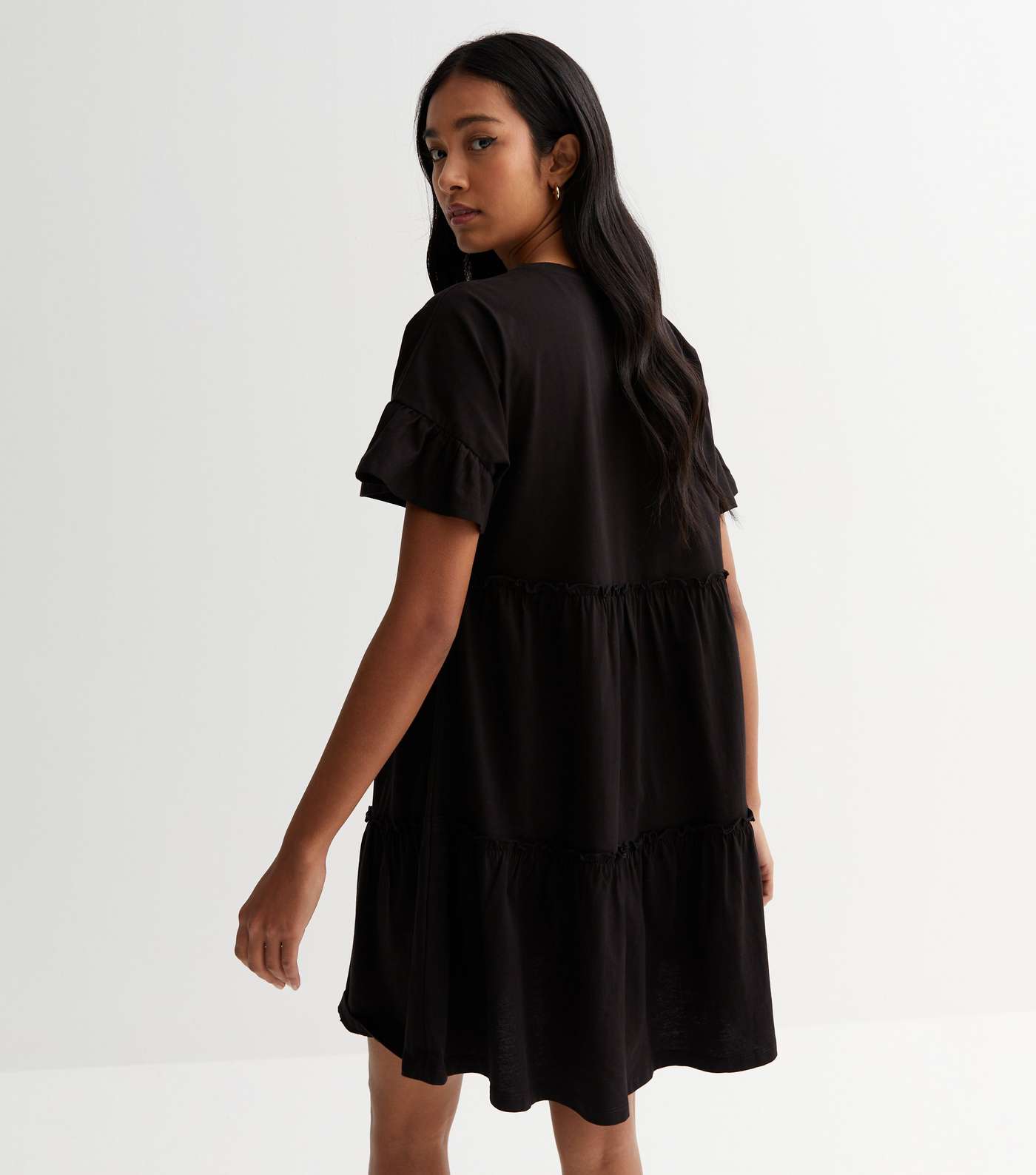 Black Jersey Tiered Mini Smock Dress Image 4