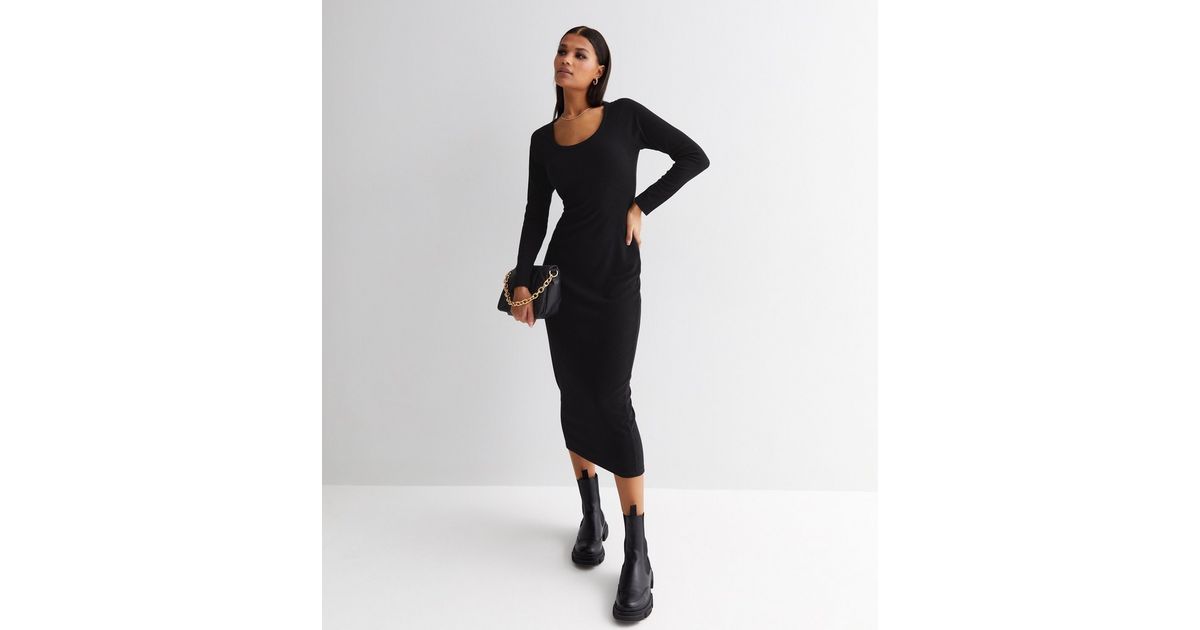 Black Scoop Neck Long Sleeve Bodycon Midi Dress New Look