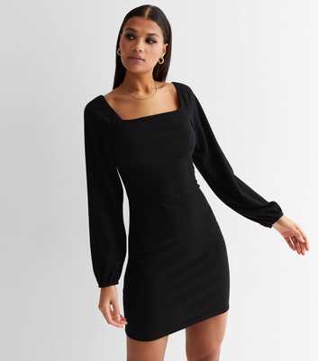 Black Jersey Square Neck Puff Sleeve Bodycon Mini Dress