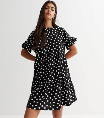 Black Spot Jersey Frill Sleeve Tiered Mini Smock Dress New Look