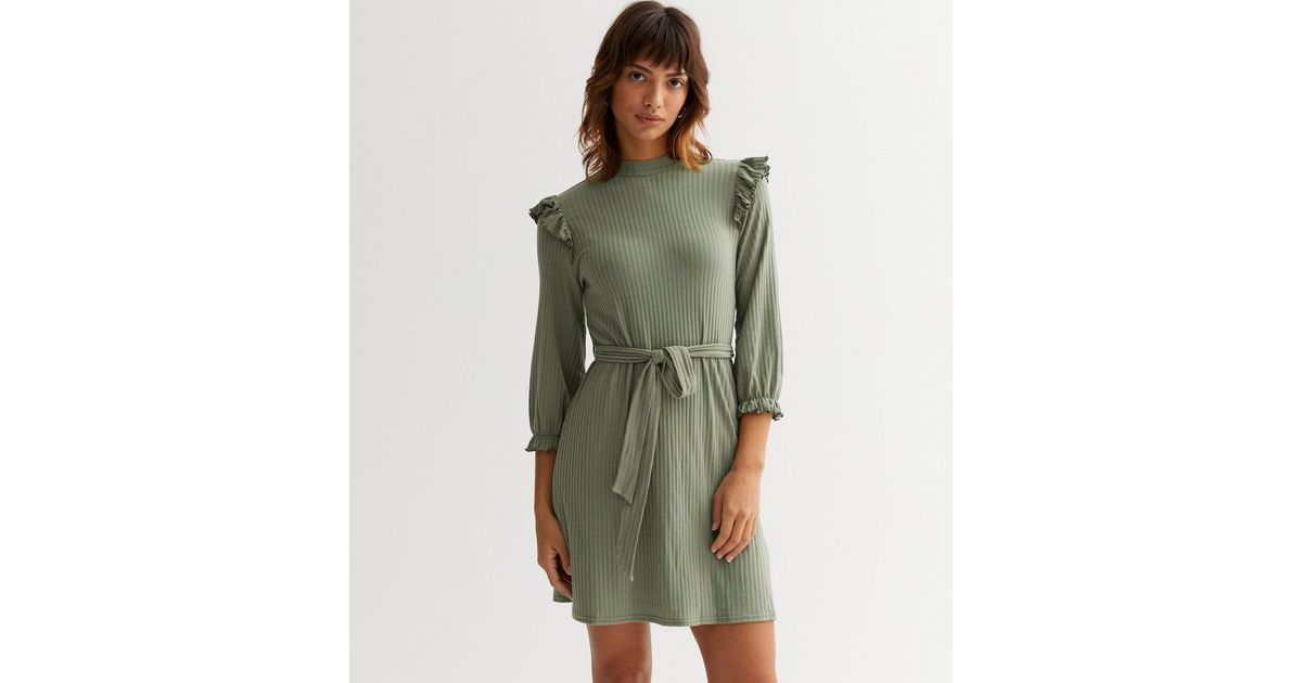 2455 Khaki Frill Collar Wrap Dress