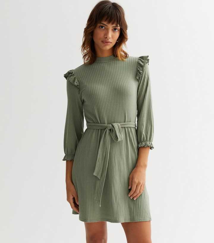 Khaki Ribbed High Neck Tie Waist Frill Mini Dress
