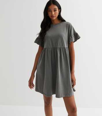 Dark Grey Acid Wash Jersey Frill Sleeve Mini Smock Dress