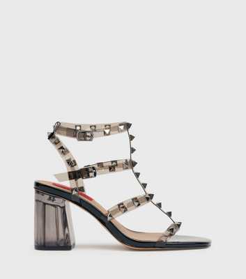 London Rebel Black Clear Stud Block Heel Sandals