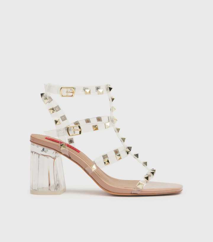 London Rebel Pale Pink Clear Stud Block Heel Sandals