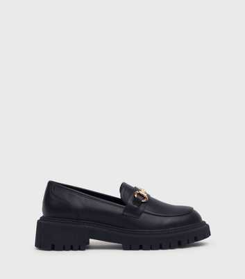 London Rebel Black Leather-Look Bar Trim Chunky Loafers