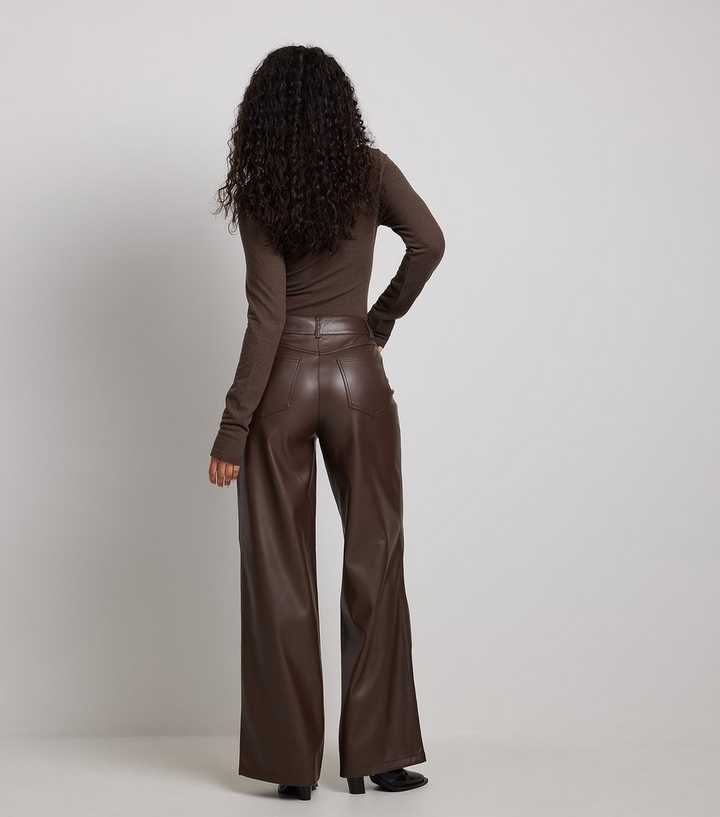 NA-KD Dark Brown Leather-Look Wide Leg Trousers