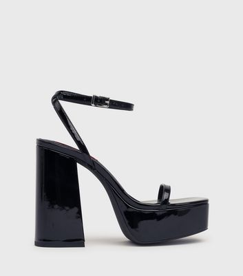 London Rebel Black Patent Platform Heel Sandals New Look