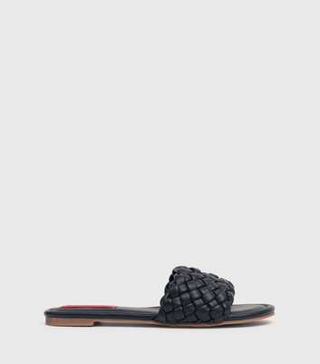 London Rebel Black Leather-Look Woven Sliders