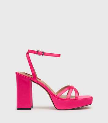 London Rebel Mid Pink Satin Strappy Platform Heel Sandals