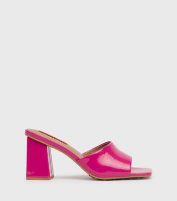 London Rebel Bright Pink Patent Block Heel Mule Sandals