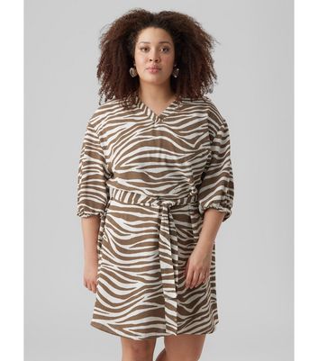 Vero Moda Curves Brown Zebra Print Belted Mini Shirt Dress New Look