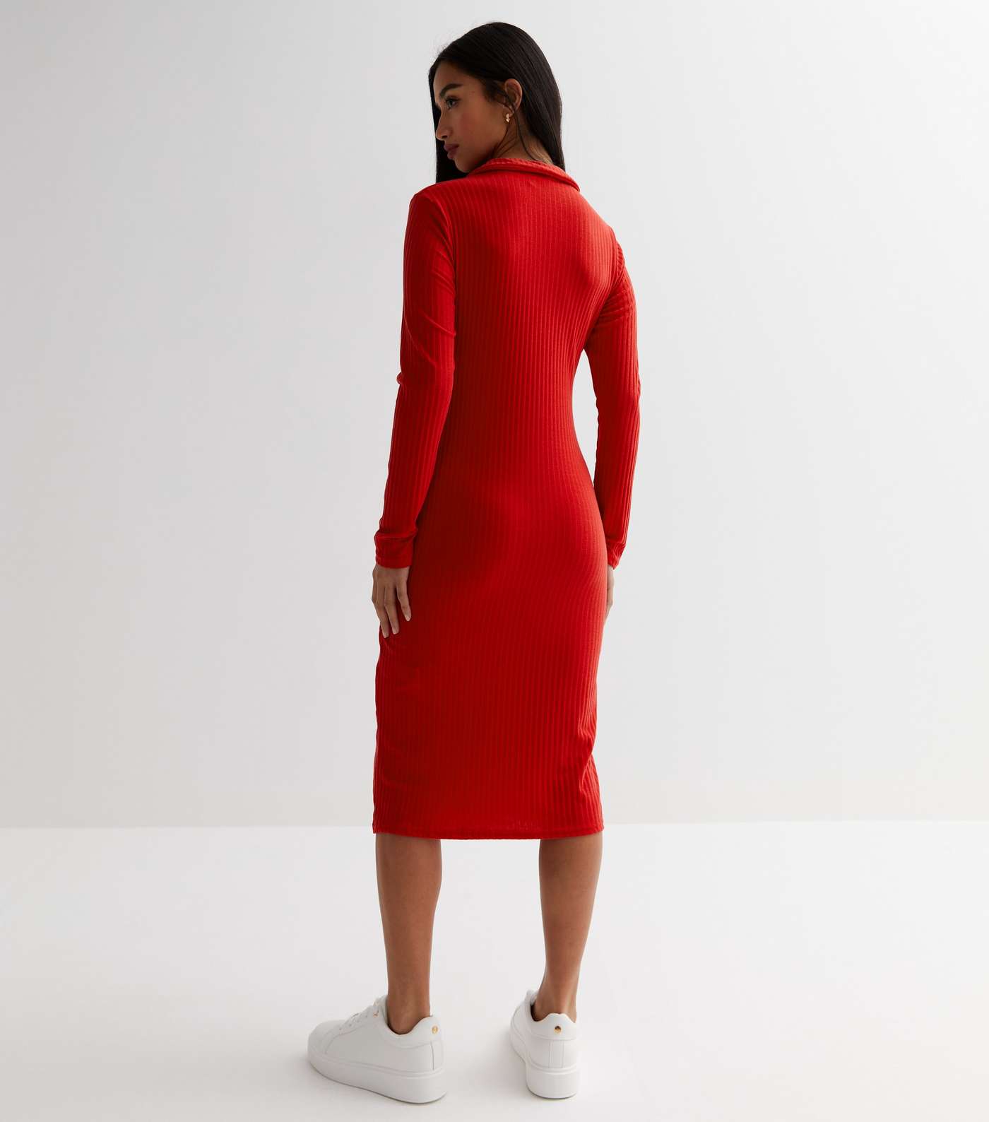 Petite Red Ribbed Long Sleeve Midi Polo Dress Image 4