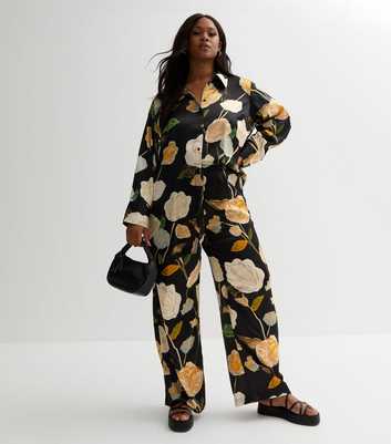 Vero Moda Curve Black Floral Satin High Waist Wide Leg Trousers