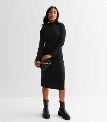 Petite Black Textured High Neck Long Sleeve Side Slit Midi Dress