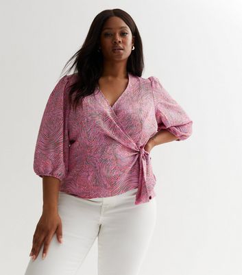 Vero Moda Curve Pink Abstract Doodle Print 3/4 Puff Sleeve Wrap Top