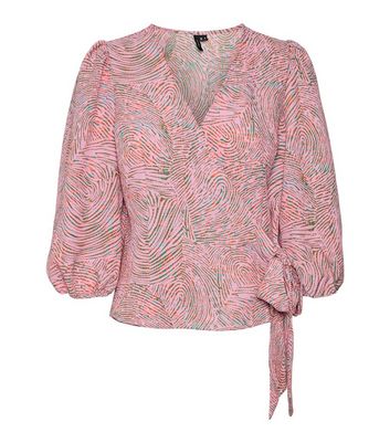 Vero Moda Curve Pink Abstract Doodle Print 3/4 Puff Sleeve Wrap Top New Look