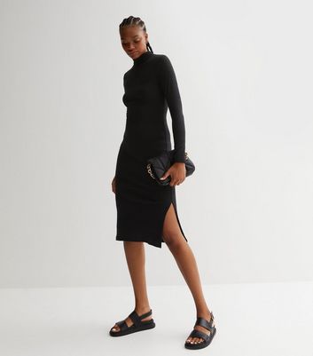 Tall Black Jersey High Neck Long Sleeve Midi Dress
