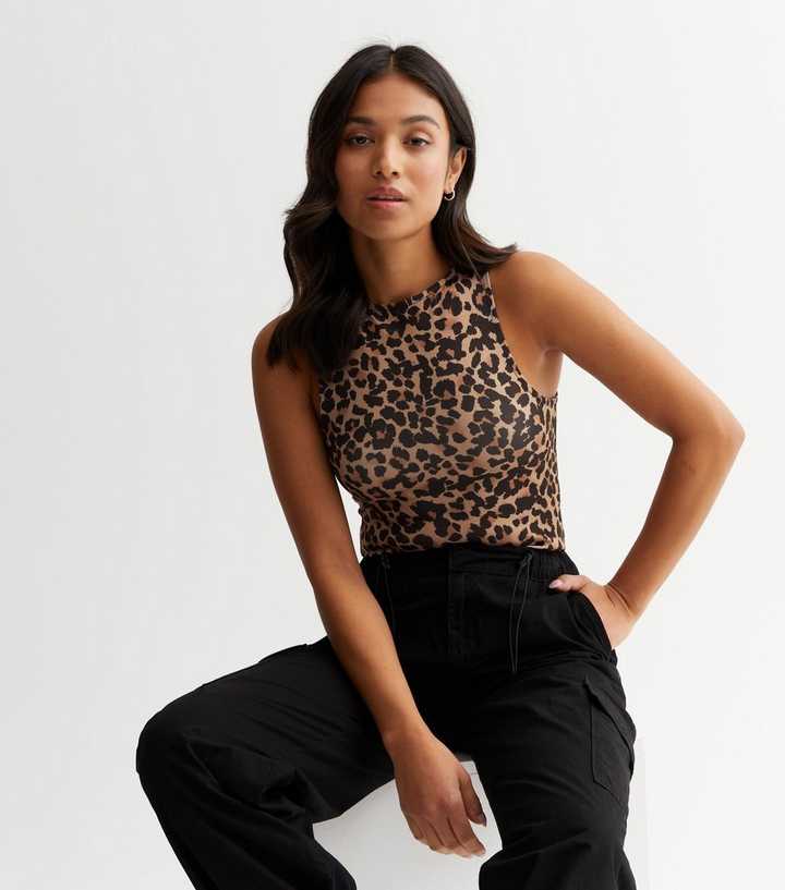 Petite Brown Leopard Print Slinky Racer Back Bodysuit