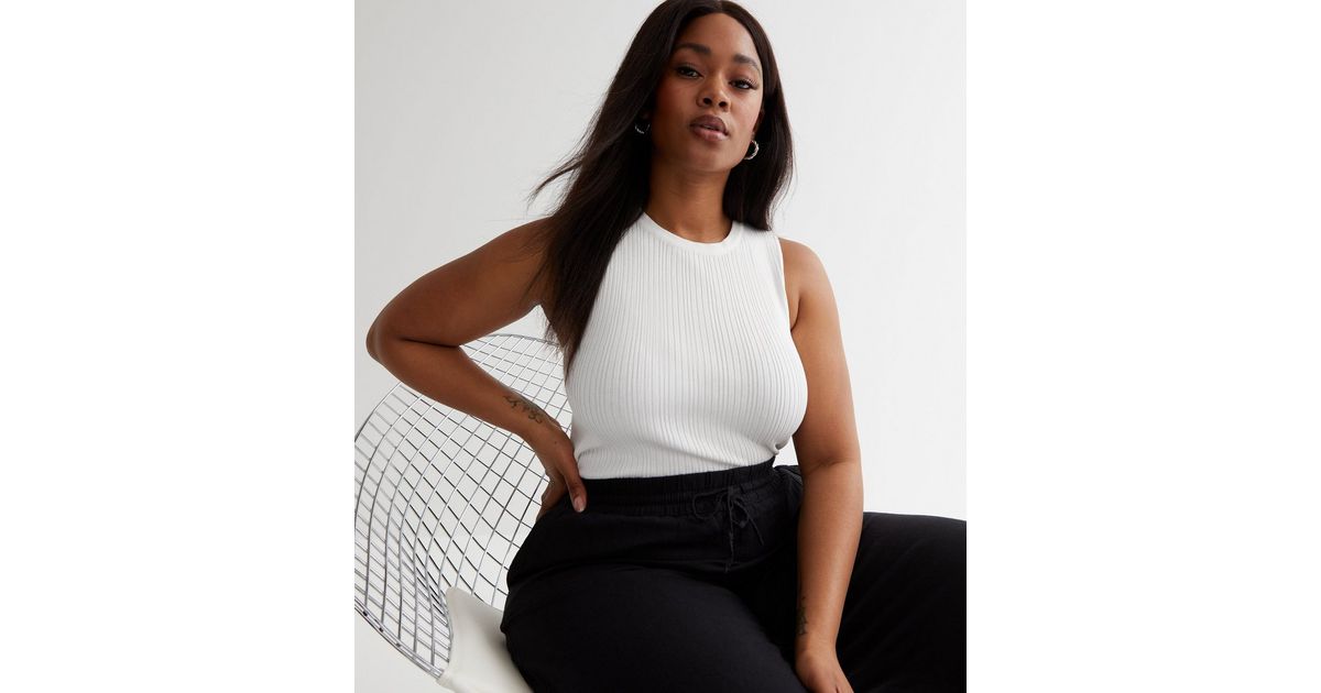 Curves White Ribbed Knit Racer Vest | New Look