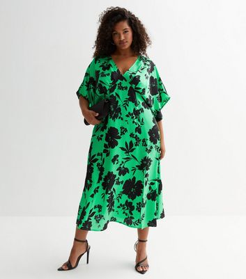 Curves Green Floral Satin Kimono Sleeve Midi Dress New Look