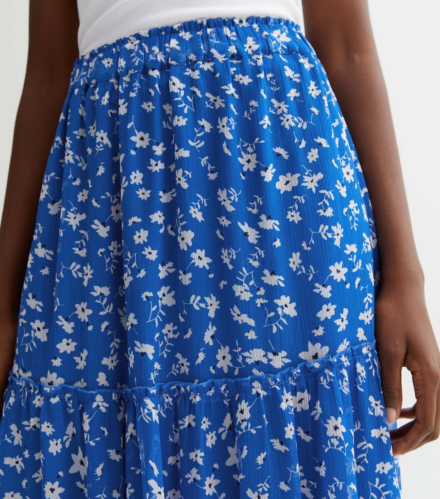 Tall Blue Ditsy Floral Chiffon Frill Tiered Midi Skirt Image 3