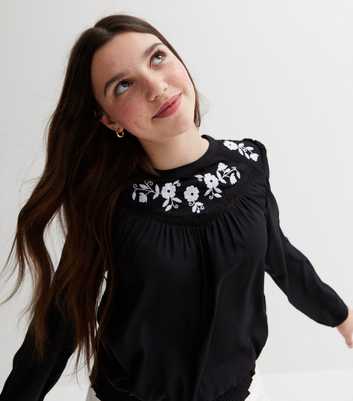 KIDS ONLY Black Floral Embroidered Lace Shirred Blouse