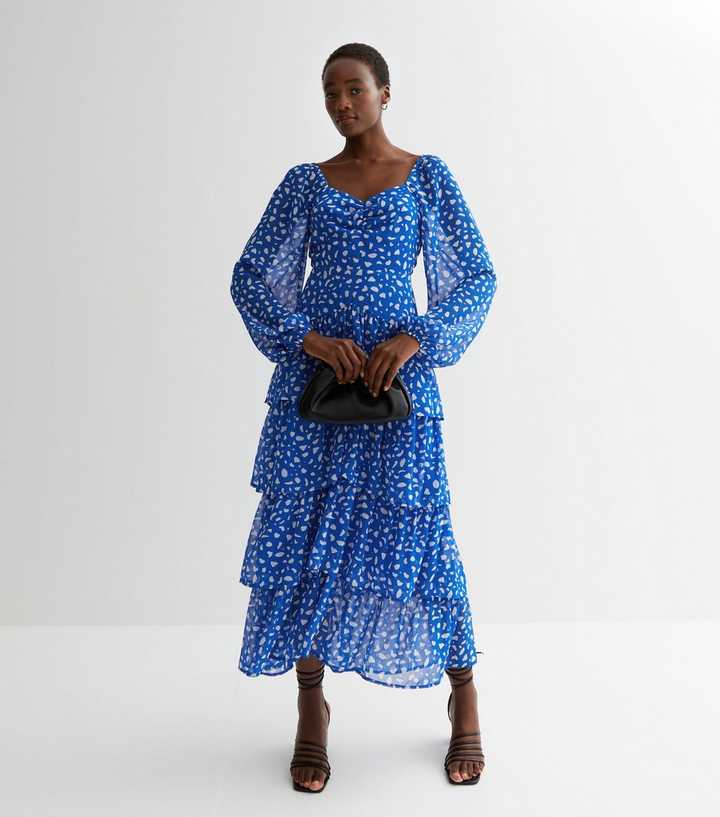 chiffon tiered midi dress Goddiva Chiffon Cowl Off Shoulder Wing Tiered Midi Dress