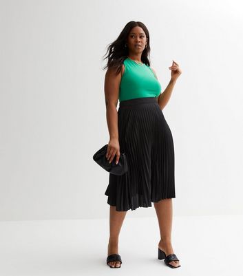 Curves Black Satin Pleated Midi Skirt  New Look