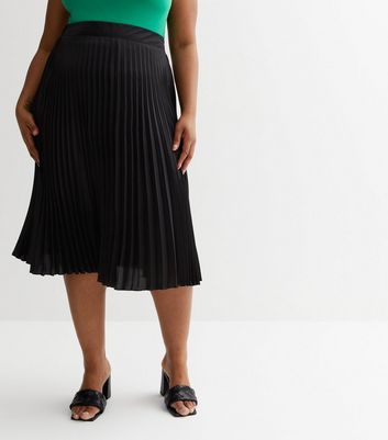 Curves Black Satin Pleated Midi Skirt New Look