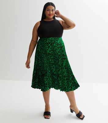 Curves Green Leopard Print Satin Pleated Midi Skirt