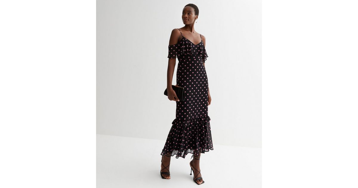 Tall Black Spot Chiffon Tiered Midi Dress | New Look