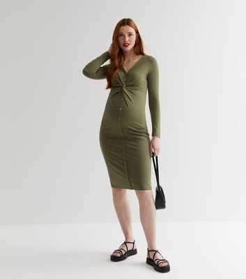 Mamalicious Maternity Olive Jersey Long Sleeve Twist Front Midi Dress