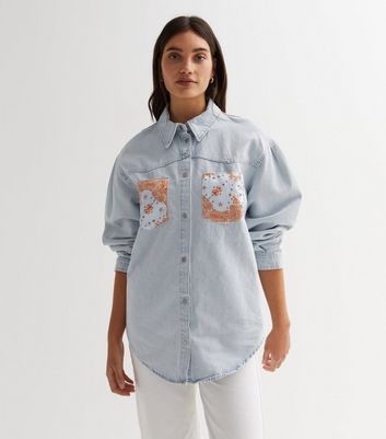 ONLY Pale Blue Denim Front and Back Paisley Patch Shirt
