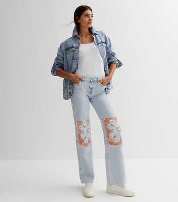 ONLY Pale Blue Paisley Knee Patch Mid Rise Wide Leg Jeans