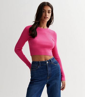 ONLY Mid Pink Ribbed Knit Open Back Crop Jumper New Look