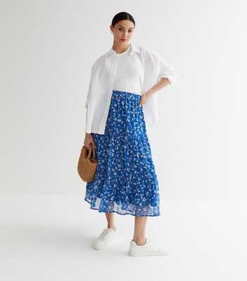 Petite Blue Ditsy Floral Chiffon Tiered Midi Skirt