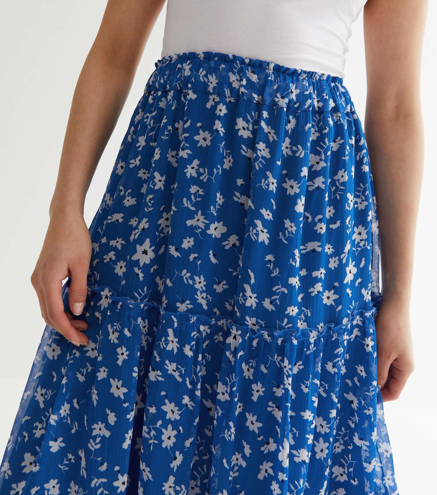 Petite Blue Ditsy Floral Chiffon Tiered Midi Skirt Image 3