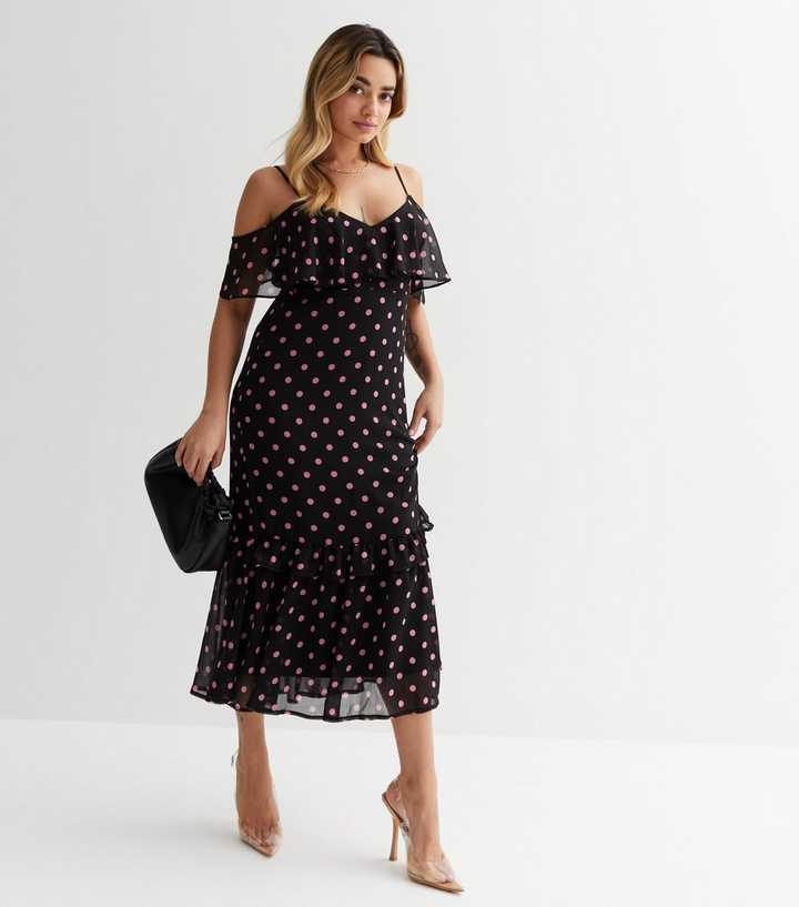 Petite Black Spot Chiffon Tiered Midi Dress | New Look