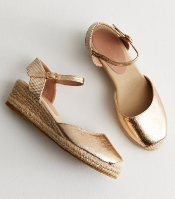 Gold Closed Toe Espadrille Wedge Heel Sandals New Look