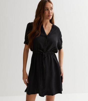 Black Denim Look Drawstring Mini Shirt Dress New Look